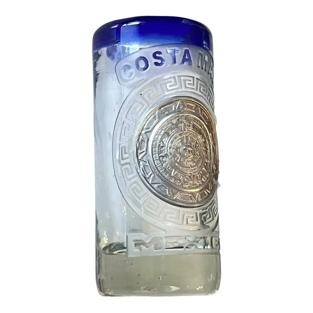 VTG Hand Blown DOUBLE SHOT GLASS Costa Maya Mexico Blue Rim Silver Medallion